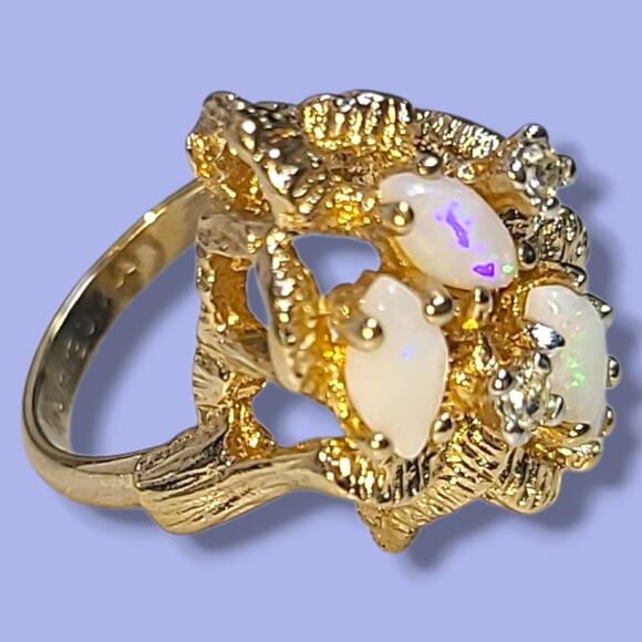Vintage 18K HGE Gold Plated 4 White Opals & CZ Cocktail Ring Size 4.5 - Picture 8 of 16